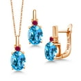 thumbnail image 1 of Gem Stone King 6.93 Ct Swiss Blue Topaz Red Created Ruby 18K Rose Gold Plated Silver Pendant and Earrings Jewelry Set, 1 of 4