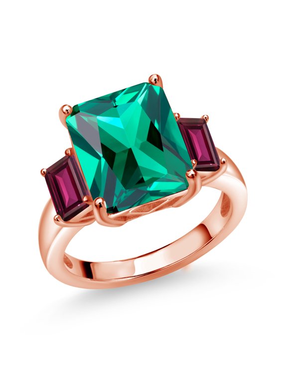 6.94 Ct Green Nano Emerald Red Rhodolite Garnet 18K Rose Gold Plated Silver 3-Stone Ring (Size 6)