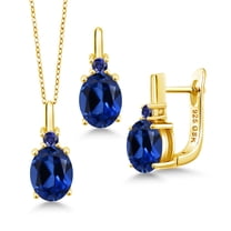 Gem Stone King 6.95 Ct Blue Created Sapphire 18K Yellow Gold Plated Silver Pendant and Earrings Jewelry Set