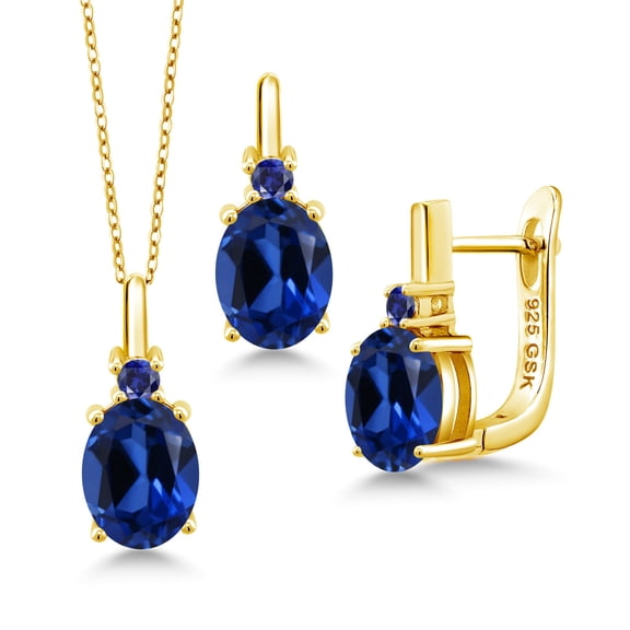 Gem Stone King 6.95 Ct Blue Created Sapphire 18K Yellow Gold Plated Silver Pendant and Earrings Jewelry Set