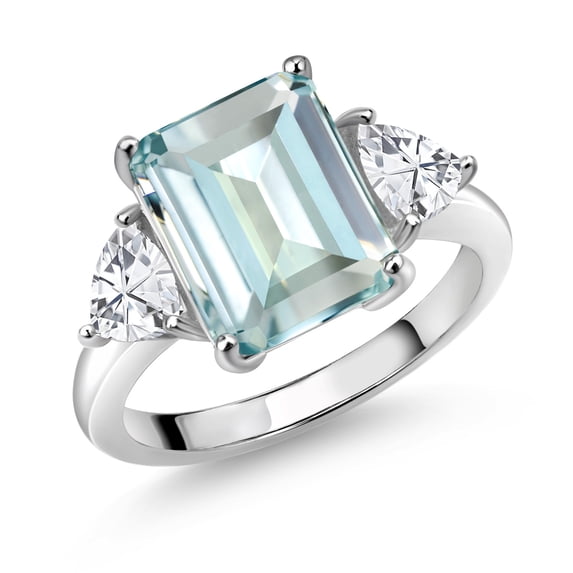 Gem Stone King 6.95 Cttw Sky Blue Simulated Aquamarine 3 Stone Engagement Ring for Women | 925 Sterling Silver | Emerald Cut 12X10MM | Trillion 5MM | Available in Size 5, 6, 7, 8, 9