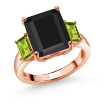 Gem Stone King 6.97 Ct Octagon Black Onyx Green Peridot 18K Rose Gold Plated Silver 3-Stone Ring (Size 8)