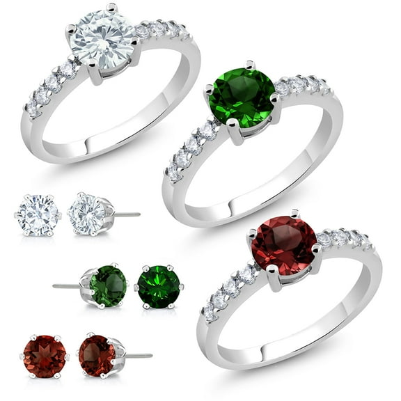 Gem Stone King 6mm Round Green Red and White Zirconia Set of 3 Rings with Matching Studs Earrings