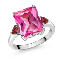 Gem Stone King 7.00 Ct Octagon Pink Created Sapphire Red Garnet 925 Sterling Silver 3-Stone Women Engagement Ring (Size 8)