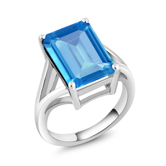 Gem Stone King 7.00 Ct Octagon Swiss Blue Topaz 925 Sterling Silver Solitaire Ring