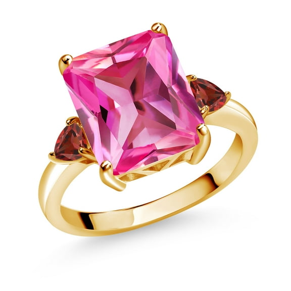 Gem Stone King 7.00 Ct Pink Created Sapphire Red Garnet 18K Yellow Gold Plated Silver 3-Stone Women Engagement Ring (Size 5)