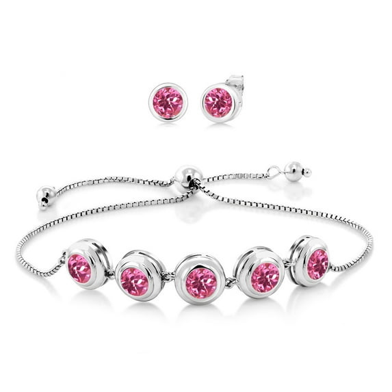 Gem Stone King 7.00 Ct Round 6mm Pink Mystic Topaz 925 Sterling Silver Bracelet for Women Earrings Set