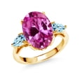 thumbnail image 1 of Gem Stone King 7.00 Cttw Pink Created Sapphire and Sky Blue Topaz 18K Yellow Gold Plated Silver 3-Stone Engagement Ring for Women | Oval 14X10MM and Pear Shape 6X4MM | Available in Size 5-9, 1 of 6