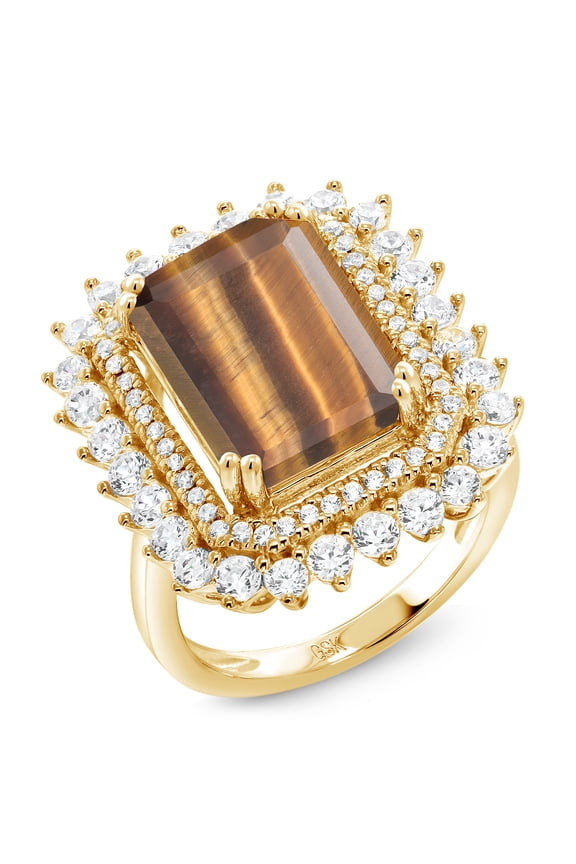 7.10 Ct Emerald Cut Brown Tiger Eye 18K Yellow Gold Plated Silver Ring