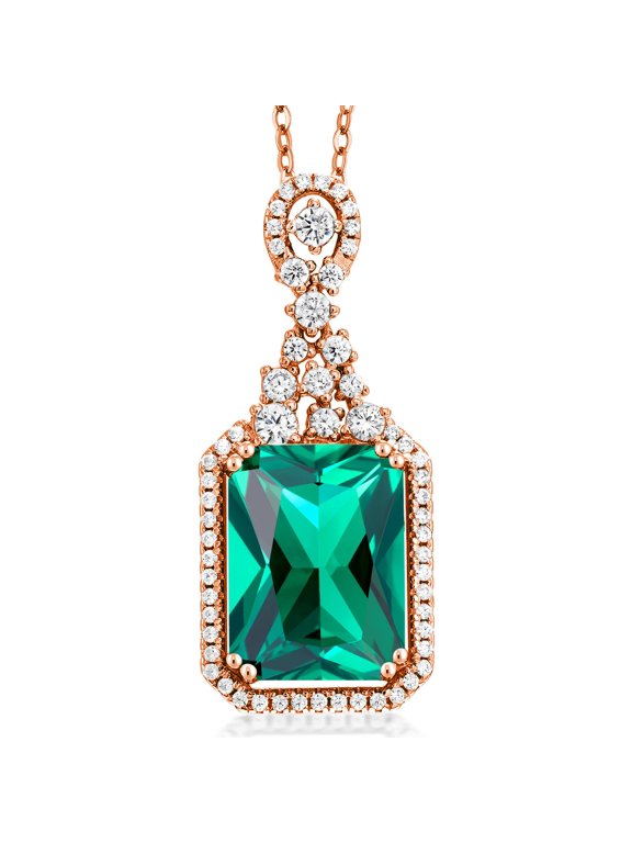 7.10 Ct Emerald Cut Green Nano Emerald 18K Rose Gold Plated Silver Pendant