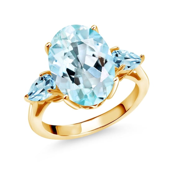 Gem Stone King 7.18 Ct Oval Sky Blue Topaz 18K Yellow Gold Plated Silver 3-Stone Engagement Ring
