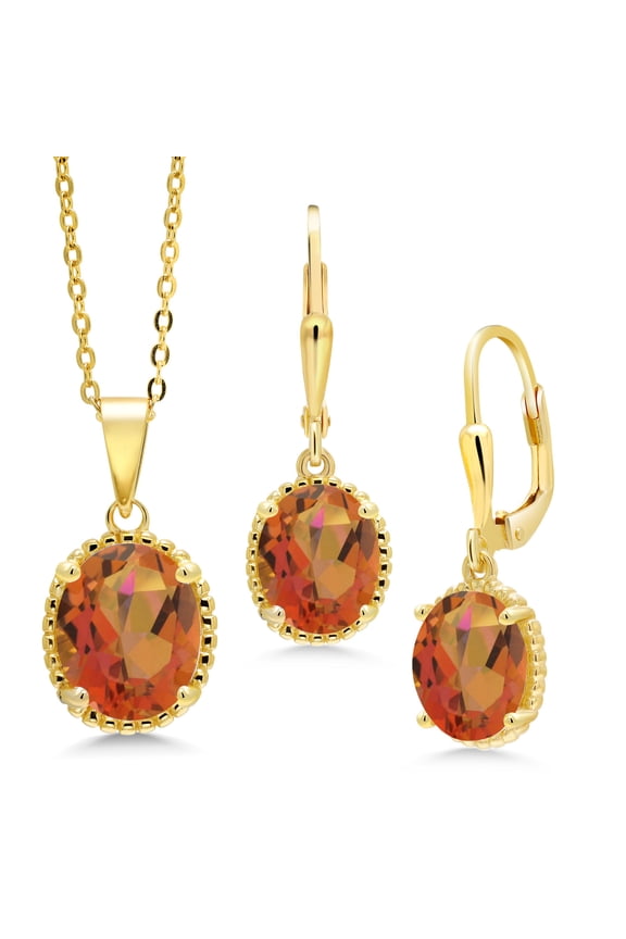 7.20 Ct Twilight Orange Mystic Quartz 18K Yellow Gold Plated Silver Pendant and Earrings Jewelry Set