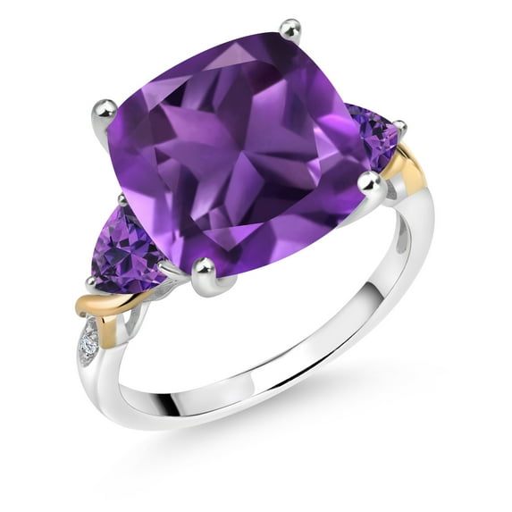 Gem Stone King 7.21 Cttw Purple Amethyst and Diamond Ring for Women | 925 Silver and 10K Yellow Gold | 12MM Cushion and 5MM Trillion | Gemstone Birthstone (Size 7)
