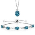 thumbnail image 1 of Gem Stone King 7.28 Ct Oval London Blue Topaz 925 Sterling Silver Lab Grown Diamond Pendant and Bracelet Jewelry Set, 1 of 3
