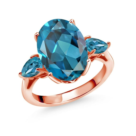 Gem Stone King 7.30 Ct Oval London Blue Topaz 18K Rose Gold Plated Silver 3-Stone Engagement Ring