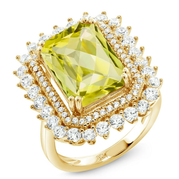 Gem Stone King 7.45 Ct Octagon Checkerboard Yellow Lemon Quartz 18K Yellow Gold Plated Silver Ring