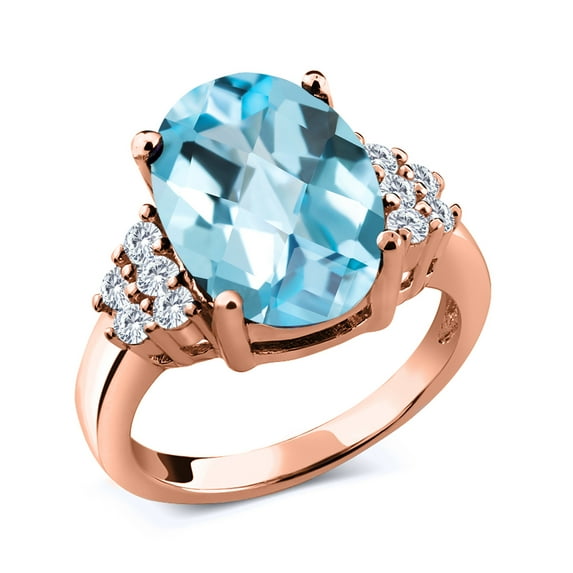 Gem Stone King 7.58 Ct Oval Checkerboard Sky Blue Topaz E-F Lab Grown Diamond 18K Rose Gold Plated Silver Ring (Size 8)