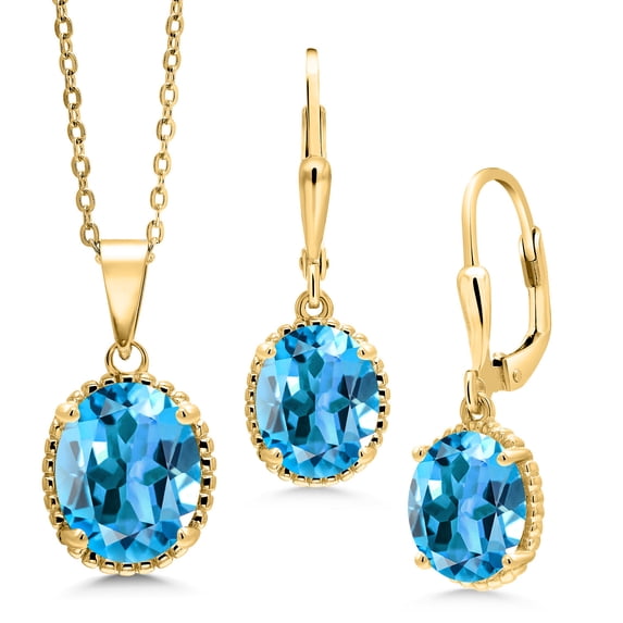 Gem Stone King 7.60 Ct Oval Swiss Blue Topaz 18K Yellow Gold Plated Silver Pendant and Earrings Jewelry Set