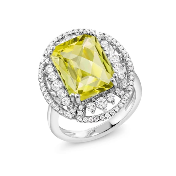 Gem Stone King 7.62 Ct Octagon Checkerboard Yellow Lemon Quartz 925 Sterling Silver Ring