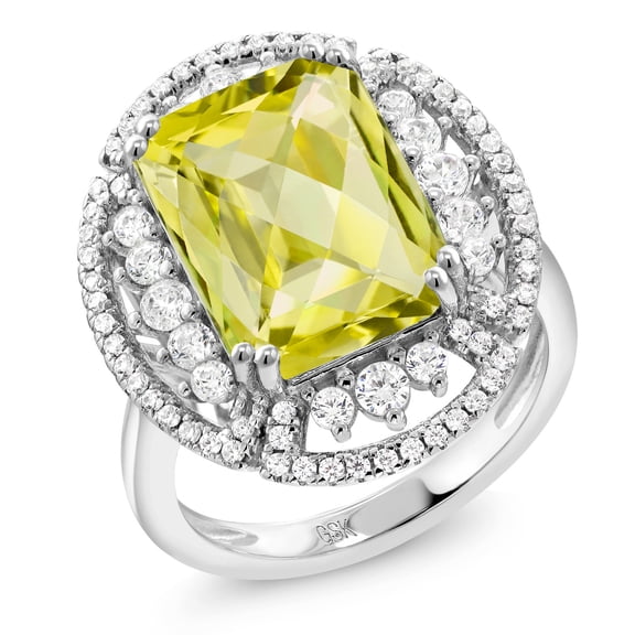 Gem Stone King 7.62 Ct Octagon Checkerboard Yellow Lemon Quartz 925 Sterling Silver Ring (Size 7)