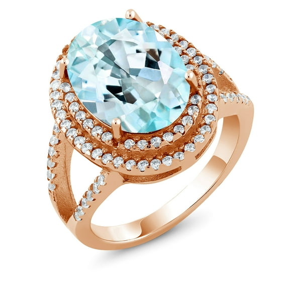 Gem Stone King 7.62 Ct Oval Sky Blue Topaz 18K Rose Gold Plated Silver Ring