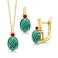 thumbnail image 1 of Gem Stone King 7.68 Ct Green Malachite Red Created Ruby 18K Yellow Gold Plated Silver Pendant and Earrings Jewelry Set, 1 of 4