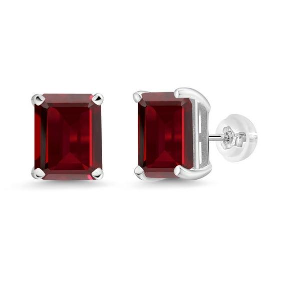 Gem Stone King 7.80 Ct Emerald Cut 10x8mm Red Garnet 14K White Gold Stud Earrings for Women Men