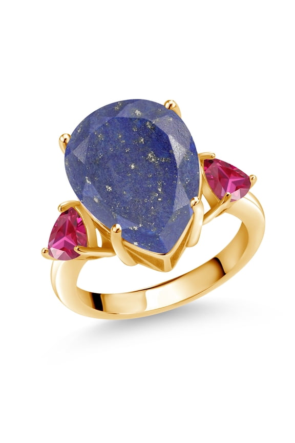 7.86 Ct Pear Shape Blue Lapis Red Created Ruby 18K Yellow Gold Plated Silver Ring (Size 9)