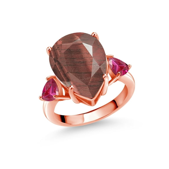 Gem Stone King 7.86 Ct Pear Shape Red Tiger Eye Red Created Ruby 18K Rose Gold Plated Silver Ring