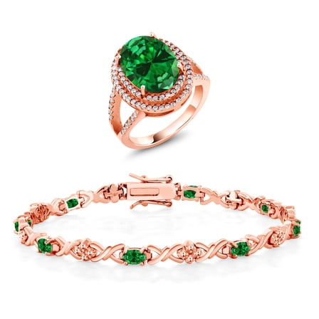 Gem Stone King 7.89 Ct Oval Green Created Emerald 18K Rose Gold Plated Silver Ring and Bracelet Jewelry Set (Size 6)