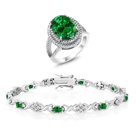 Gem Stone King 7.89 Ct Oval Green Created Emerald 925 Sterling Silver Ring and Bracelet Jewelry Set (Size 6)