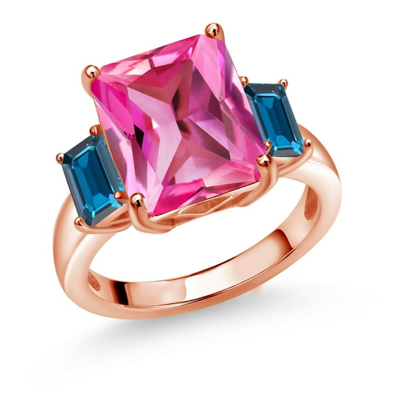 Gem Stone King 7.92 Ct Pink Created Sapphire London Blue Topaz 18K Rose Gold Plated Silver 3-Stone Ring (Size 5)