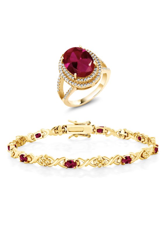 7.94 Ct Oval Red Created Ruby 18K Yellow Gold Plated Silver Ring and Bracelet Jewelry Set (Size 7)