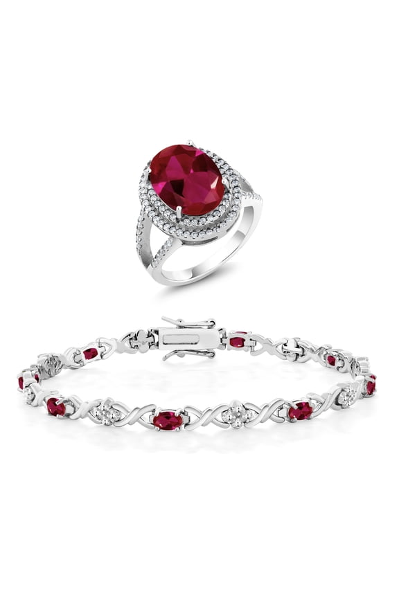 7.94 Cttw Oval Red Created Ruby Ring and Bracelet Jewelry Set for Women | 925 Sterling Silver | Size 8