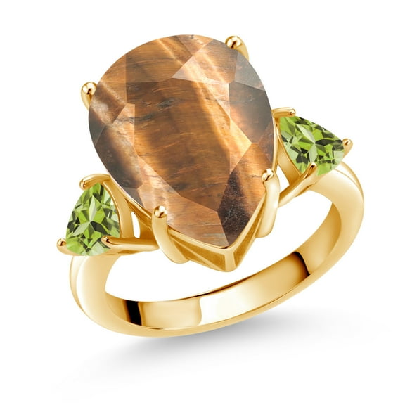 Gem Stone King 7.96 Ct Brown Tiger Eye Green Peridot 18K Yellow Gold Plated Silver Ring (Size 6)