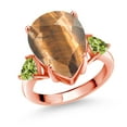 thumbnail image 1 of Gem Stone King 7.96 Ct Pear Shape Brown Tiger Eye Green Peridot 18K Rose Gold Plated Silver Ring (Size 9), 1 of 5