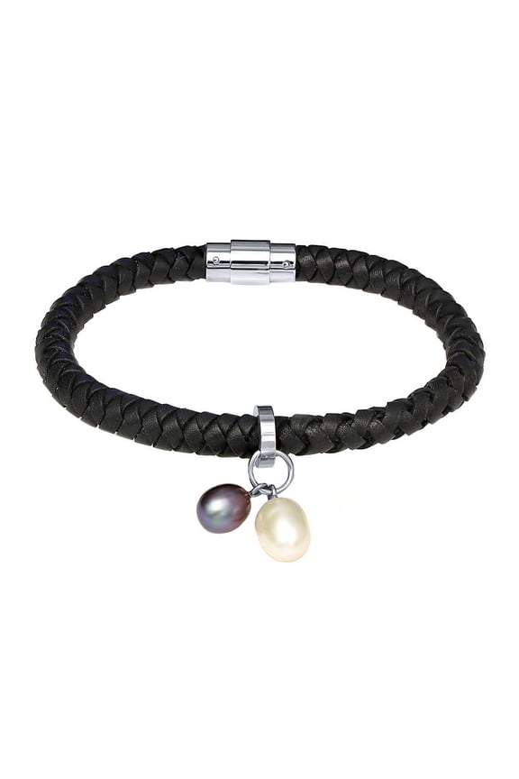 7 inch Bolo Leather Bracelet with Black and White Pearls Steel Magnetic Clasp