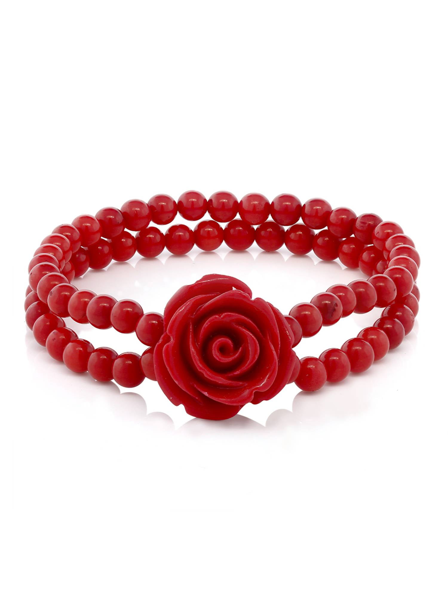 ブレスレット SK8ER ROCK Coralef Gemstone Bracelet 001 Gem Stone King 7 inch Red Simulated Coral Bead Rose Flower