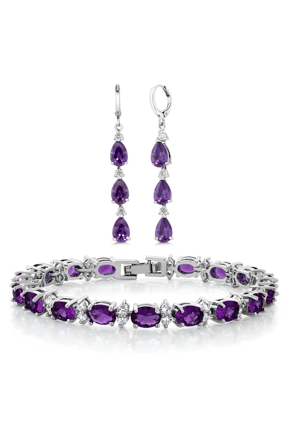 Women Jewelry Set | 7 inch Bracelet and 2 inch Pear shape Dangle Earrings | Purple and White CZ | Fine Jewelry Gifts for Birthday Anniversary Her Mom Women Wife Sister Best Friend