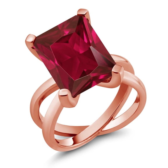 Gem Stone King 8.00 Ct Octagon Red Created Ruby 18K Rose Gold Plated Silver X Ring (Size 5)
