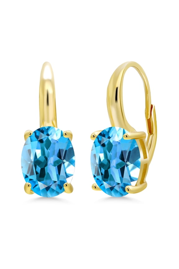 18K Yellow Gold Plated Silver Swiss Blue Topaz Earrings for Women (8.00 Cttw, Gemstone Birthstone, Oval 11X9MM)