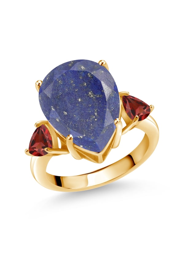 8.08 Ct Pear Shape Blue Lapis Red Garnet 18K Yellow Gold Plated Silver Ring (Size 9)