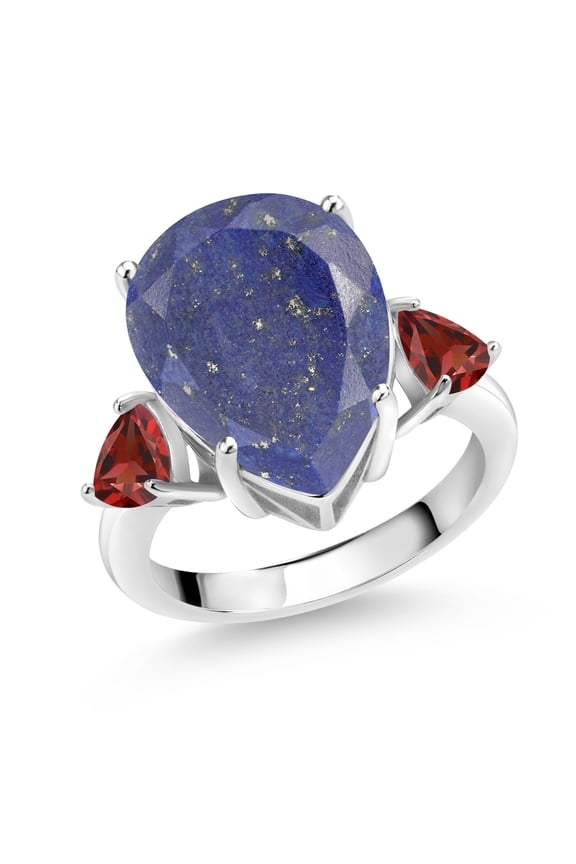 8.08 Ct Pear Shape Blue Lapis Red Garnet 925 Sterling Silver Ring (Size 7)