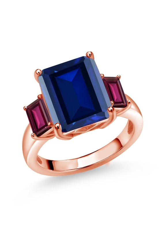 8.16 Ct Blue Simulated Sapphire Red Rhodolite Garnet 18K Rose Gold Plated Silver 3-Stone Ring (Size 5)