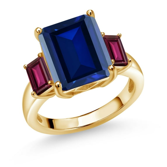 Gem Stone King 8.16 Cttw Blue Simulated Sapphire and Red Rhodolite Garnet 18K Yellow Gold Plated Silver 3-Stone Ring for Women | Emerald Cut 12X10MM and 6X4MM (Size 9)