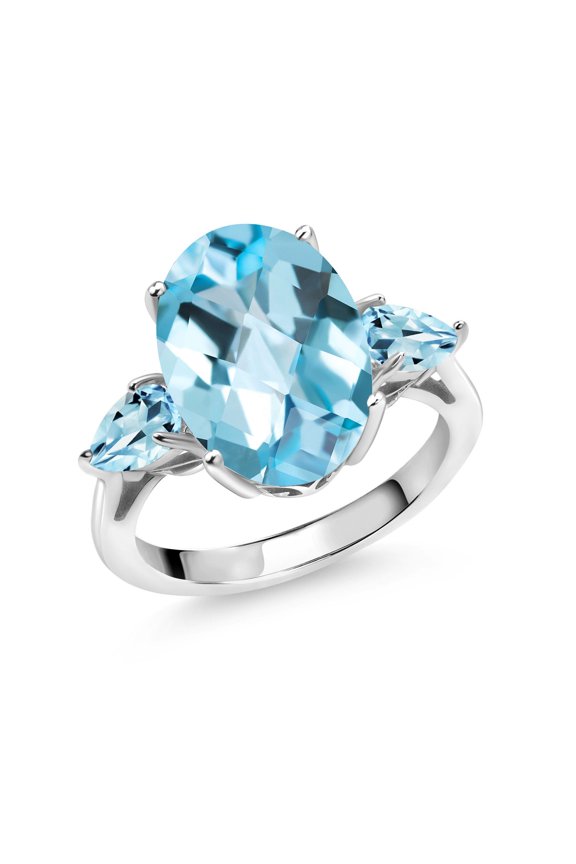 8.20 Ct Oval Checkerboard Sky Blue Topaz 925 Sterling Silver 3-Stone Engagement Ring