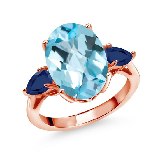 Gem Stone King 8.20 Ct Oval Checkerboard Sky Blue Topaz Blue Sapphire 18K Rose Gold Plated Silver 3-Stone Engagement Ring