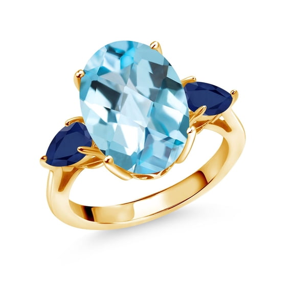 Gem Stone King 8.20 Ct Oval Checkerboard Sky Blue Topaz Blue Sapphire 18K Yellow Gold Plated Silver 3-Stone Engagement Ring