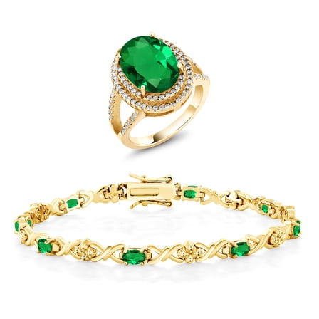 Gem Stone King 8.24 Ct Oval Green Nano Emerald 18K Yellow Gold Plated Silver Ring and Bracelet Jewelry Set (Size 9)