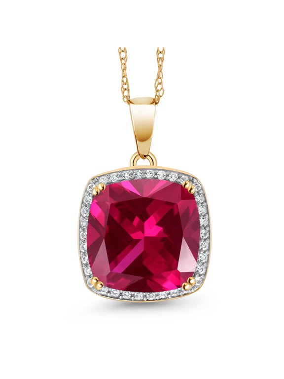 8.27 Ct Red Created Ruby White Created Sapphire 10K Yellow Gold Pendant with Chain